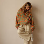 Women's floral half-zip pullover with stand collar and long sleeves