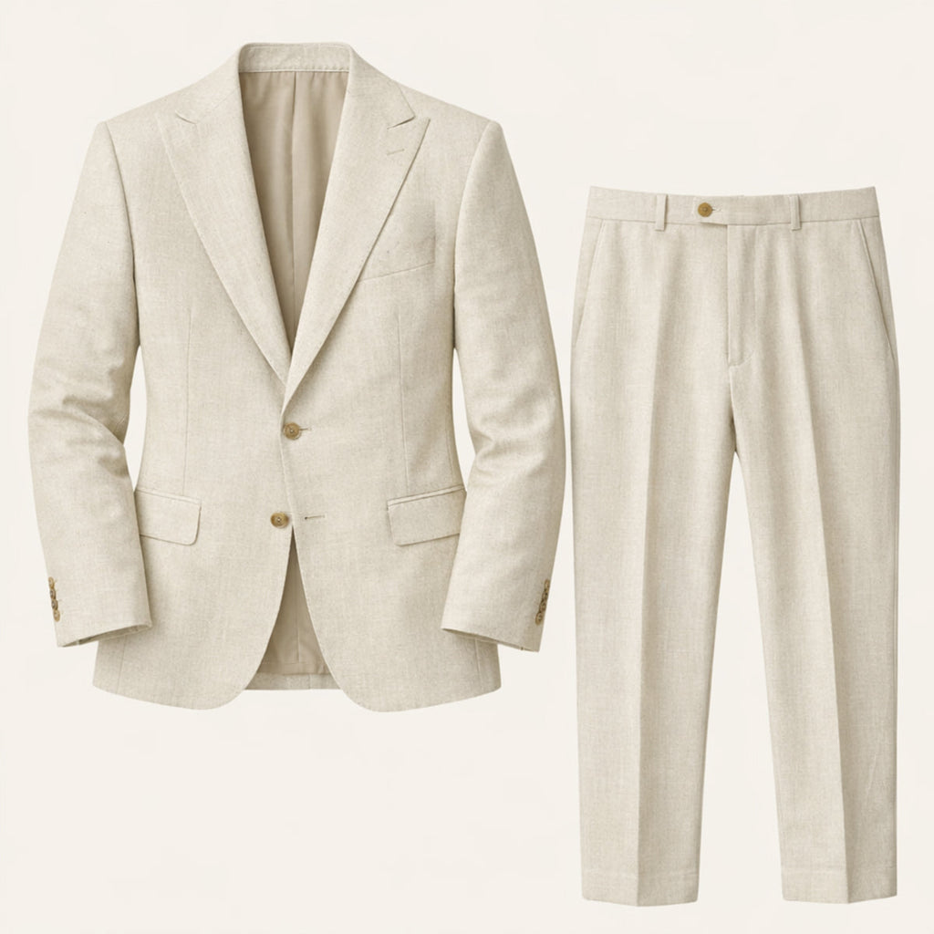 Men's two-piece single-breasted suit with notched lapels and tailored trousers