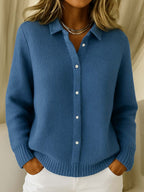 Women's ribbed button cardigan with collared neckline and long sleeves
