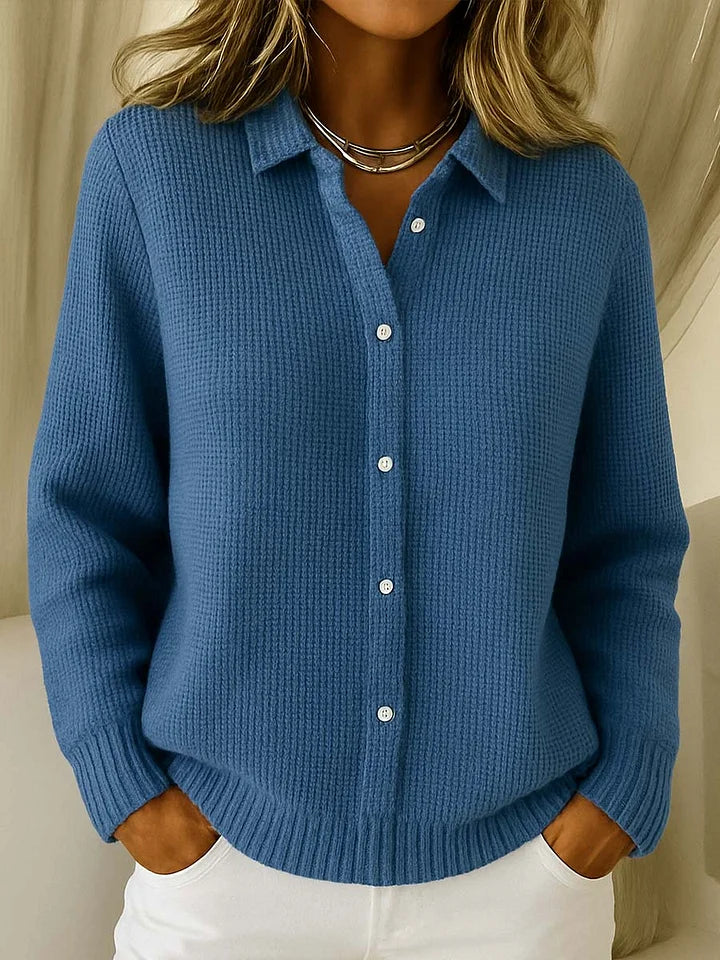Women's textured knit cardigan with pointed collar and button front