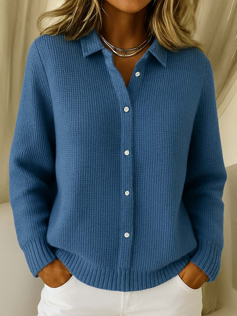 Women's ribbed knit cardigan with collar and button front