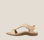 Women's black orthopedic t-strap sandal with adjustable velcro and contoured footbed