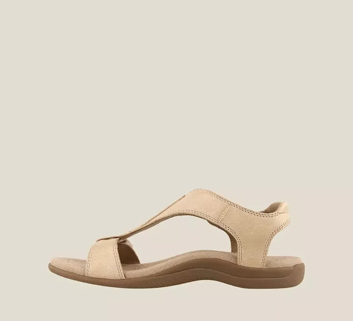 Women's black orthopedic t-strap sandal with adjustable velcro and contoured footbed