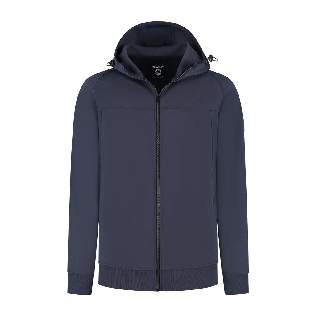 Men's navy hooded zip cardigan with long sleeves