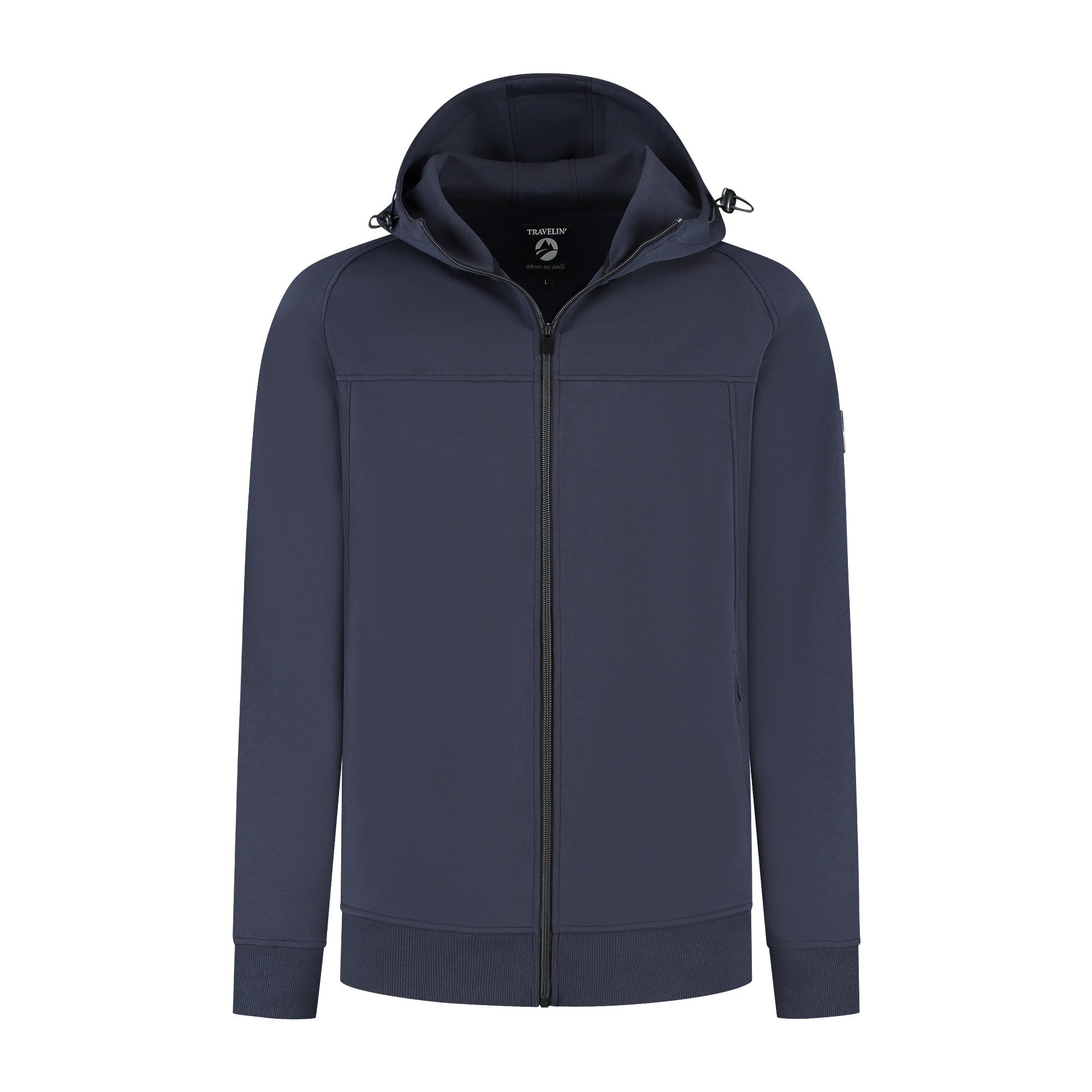 Men's navy hooded zip cardigan with long sleeves