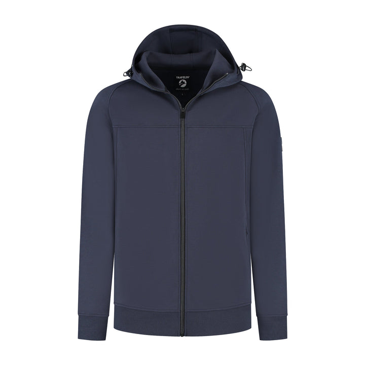 Men's navy hooded zip cardigan with long sleeves