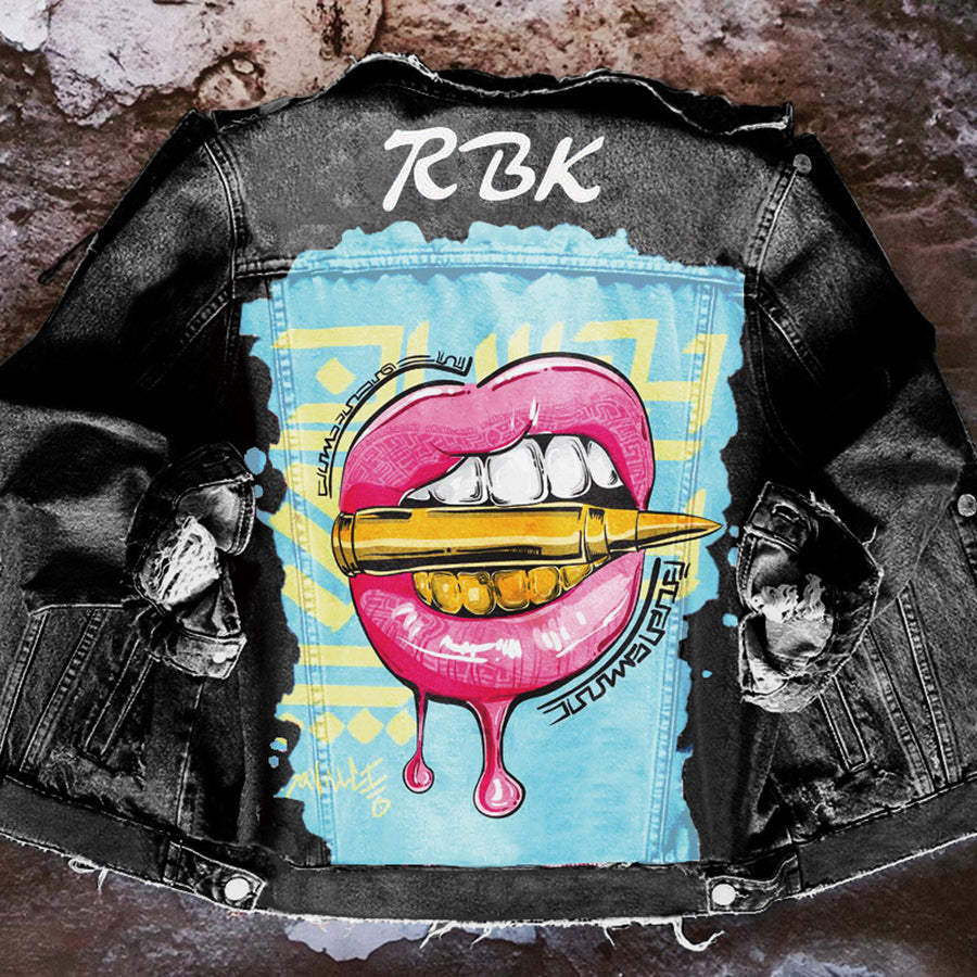 Graphic denim jacket with colourful illustrated back print