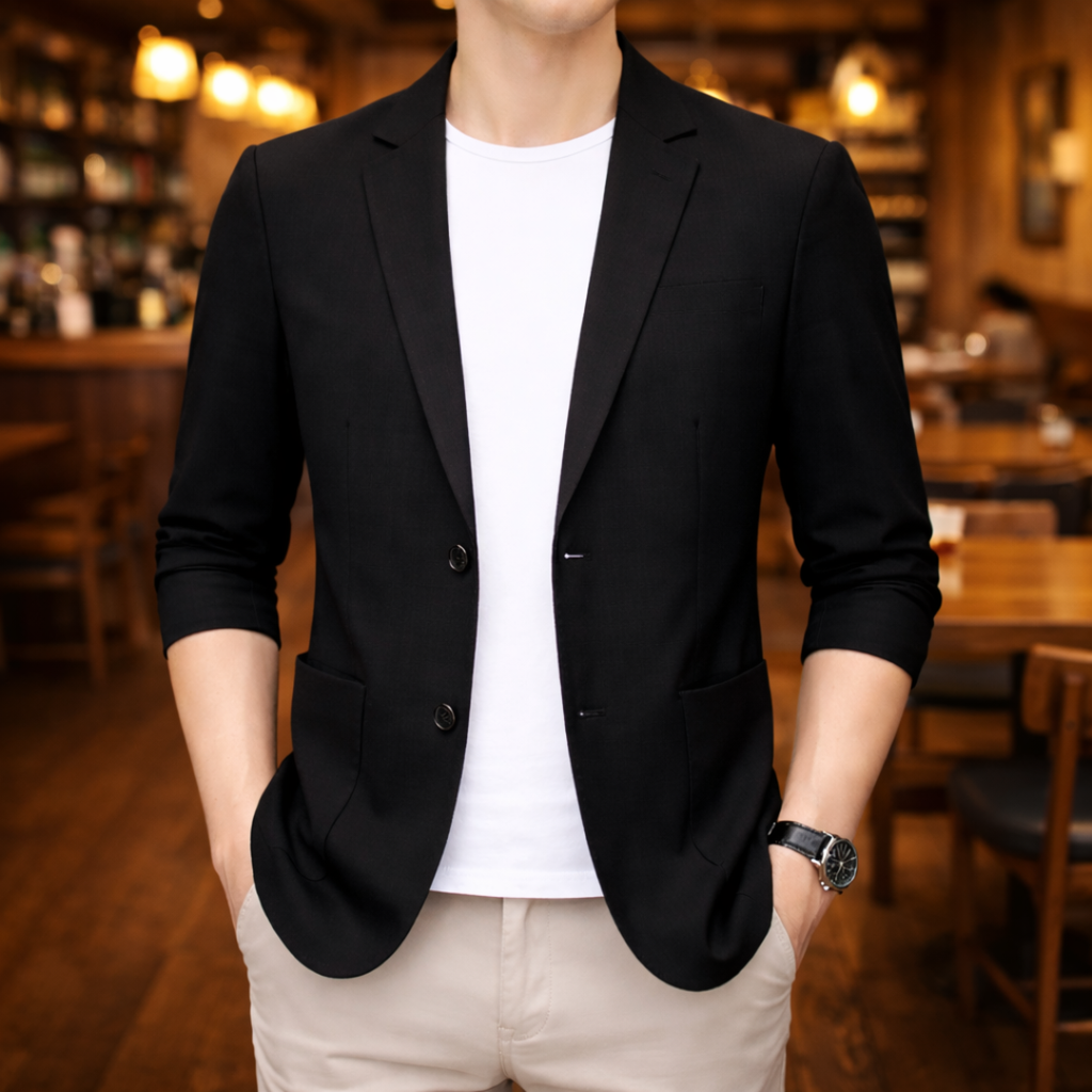 Men's casual blazer with notched lapels and front pockets