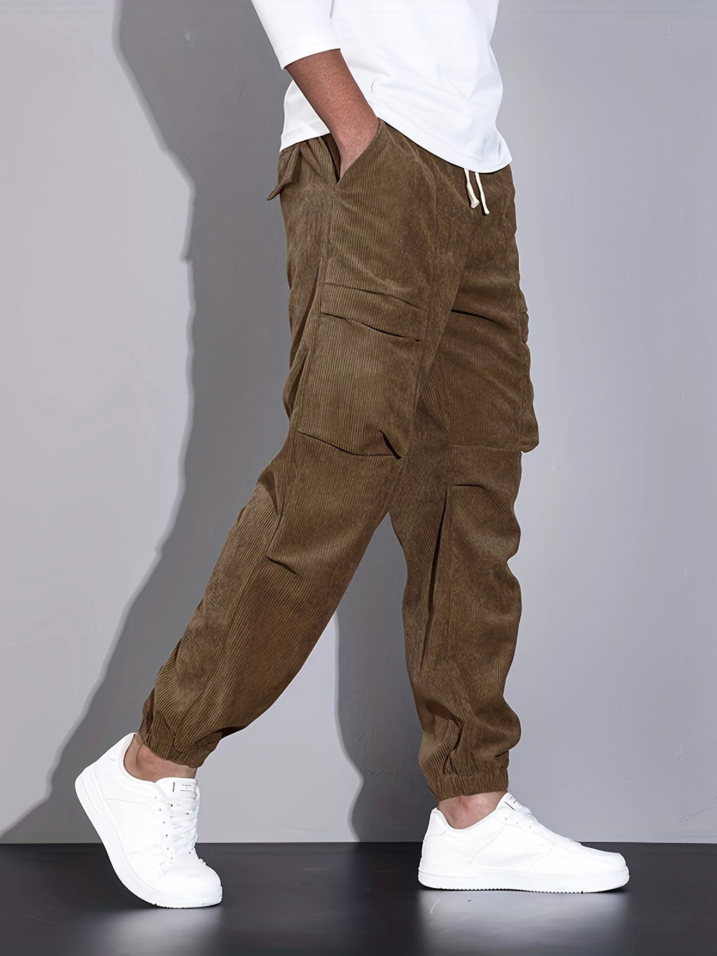 Men's corduroy cargo trousers with drawstring waist and cuffed hems
