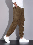 Men's corduroy cargo trousers with drawstring waist and cuffed hems