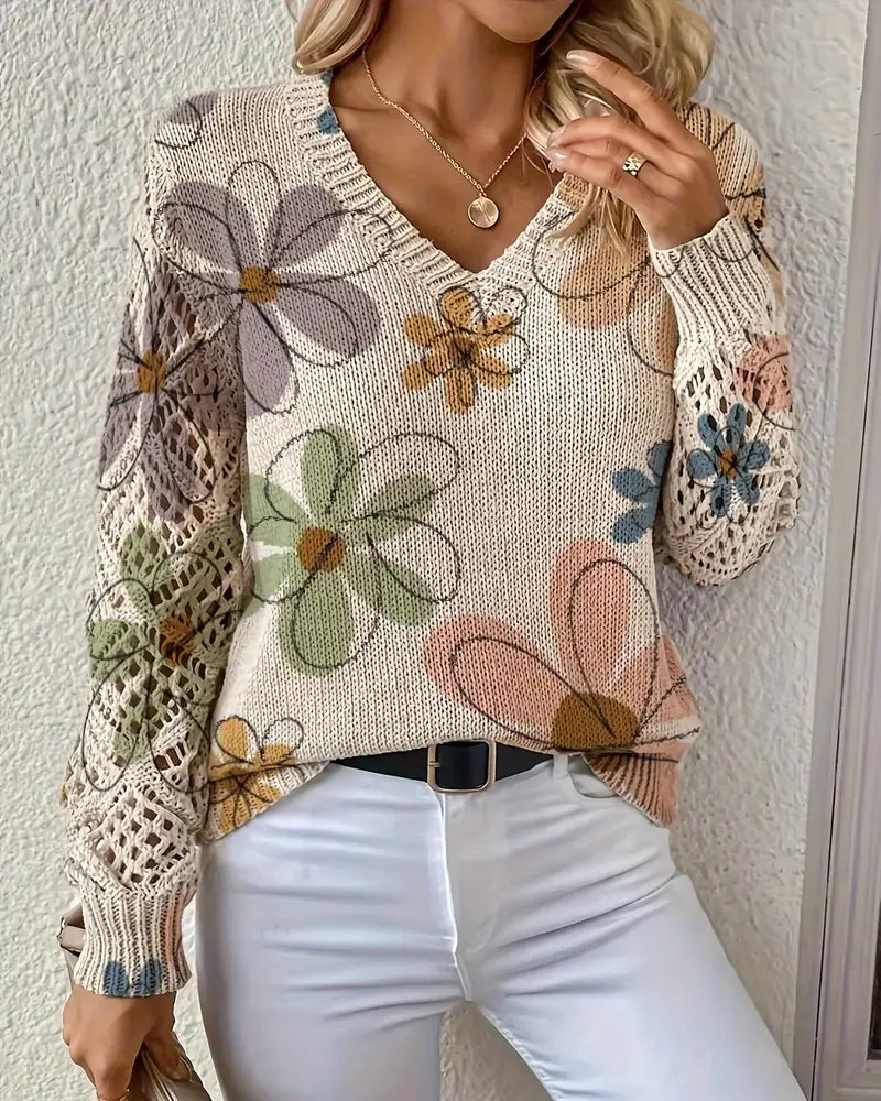 Women's multicolour floral V-neck sweater with openwork sleeves