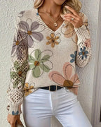 Women's multicolour floral V-neck sweater with openwork sleeves