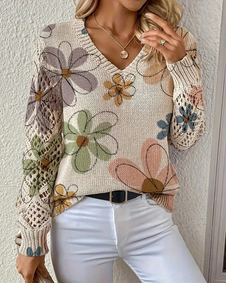 Women's multicolour floral V-neck sweater with openwork sleeves
