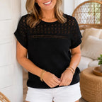 Women's short sleeve open knit textured top with round neck