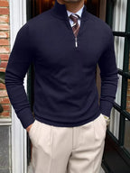 Men's stand-collar half-zip sweater with long sleeves and ribbed trims