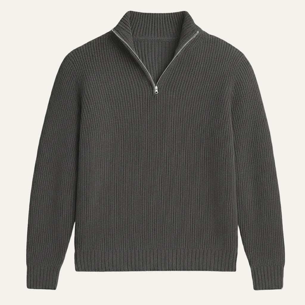 Men's ribbed half zip sweater with high neck and long sleeves