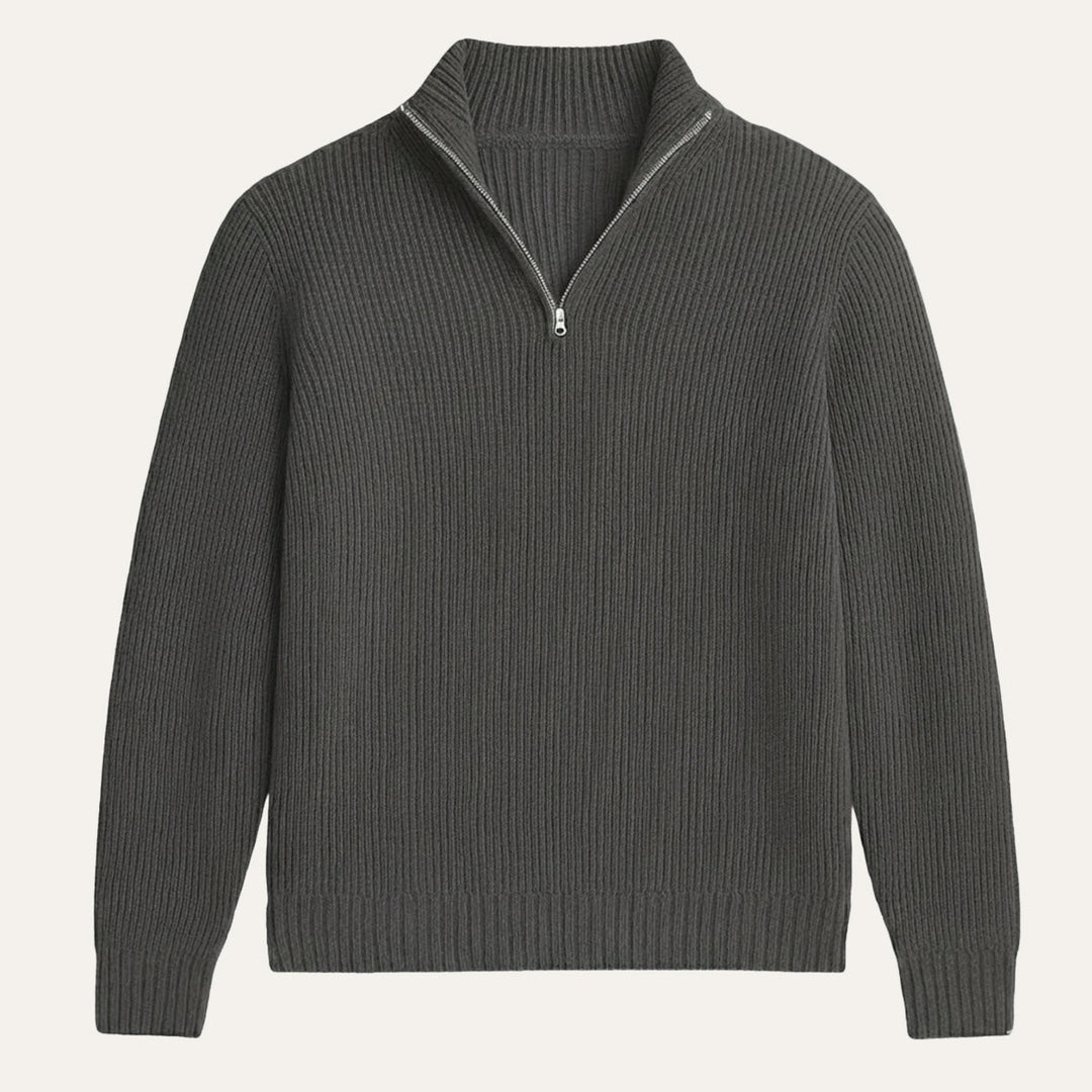 Men's ribbed half zip sweater with high neck and long sleeves