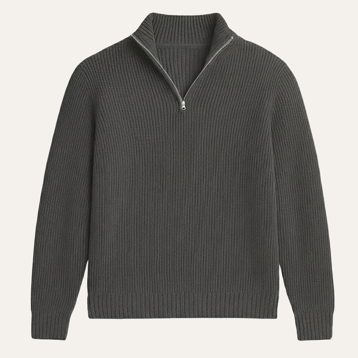 Men's ribbed half zip sweater with high neck and long sleeves
