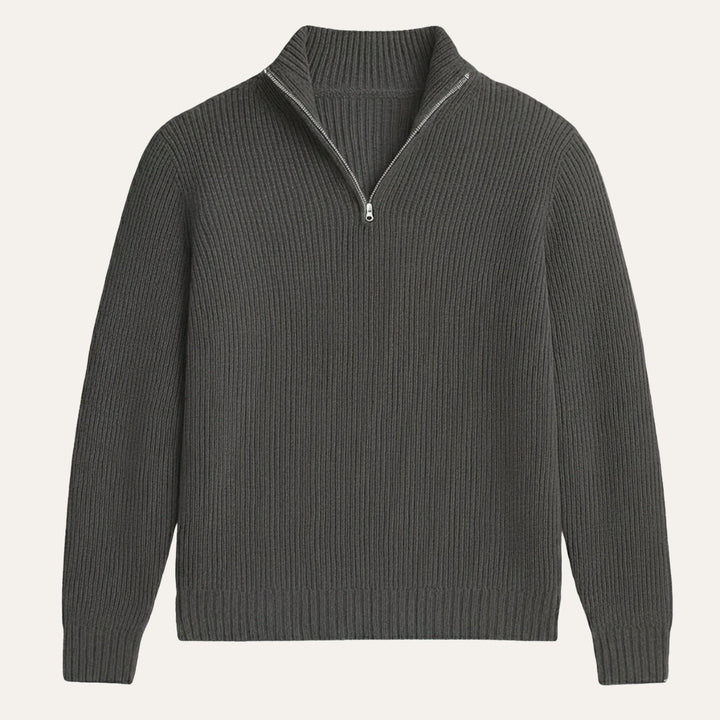 Men's ribbed half zip sweater with high neck and long sleeves