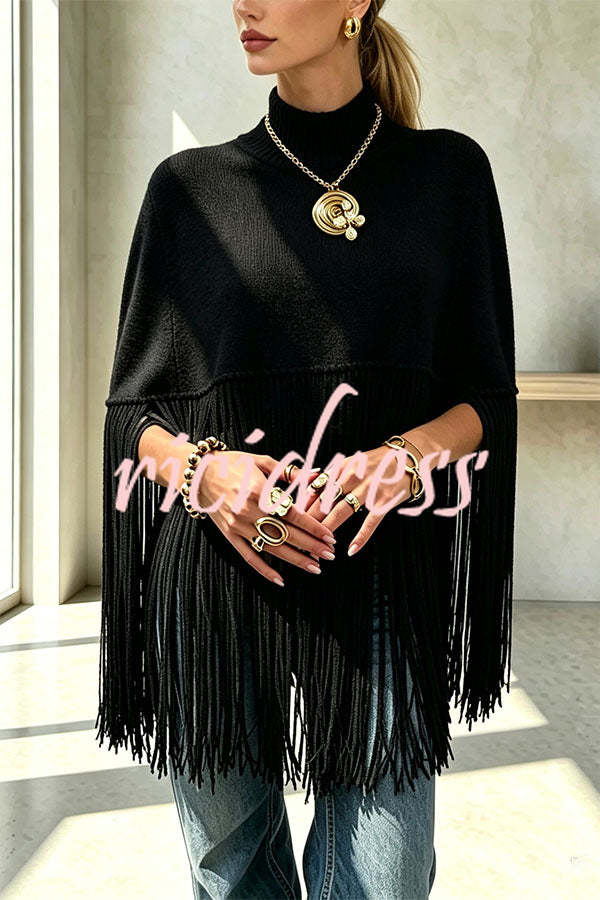Women's knit cape sweater with crew neck and long tassel hem