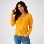 Women's long-sleeve V-neck button-front cardigan with ribbed trims