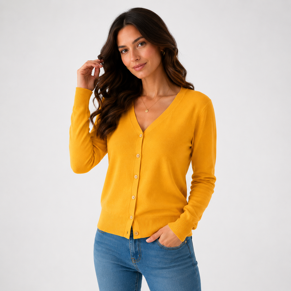 Women's long-sleeve V-neck button-front cardigan with ribbed trims