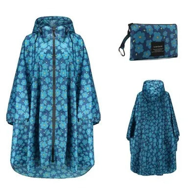Patterned unisex hooded rain poncho with zip front and matching pouch