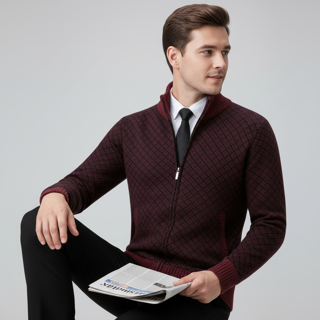 Men's diamond pattern zip-front sweater with stand collar