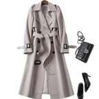 Women's long belted trench coat with double-breasted buttons, lapels and cuff straps