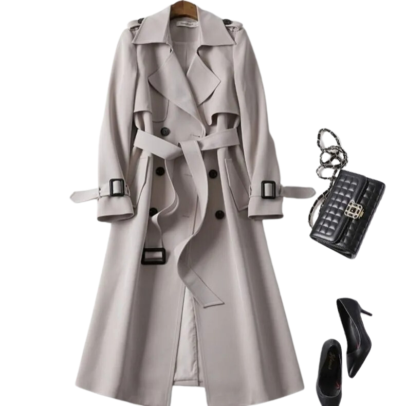 Women's long belted trench coat with double-breasted buttons, lapels and cuff straps