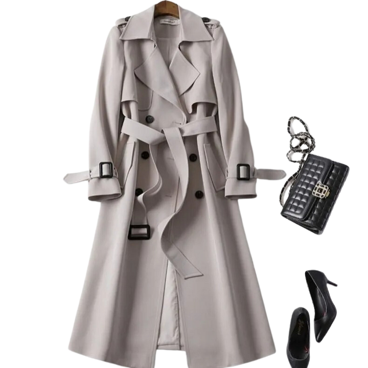 Women's long belted trench coat with double-breasted buttons, lapels and cuff straps