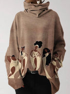 Women's camel hooded sweatshirt with abstract figure print and long sleeves