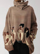 Women's camel hooded sweatshirt with abstract figure print and long sleeves