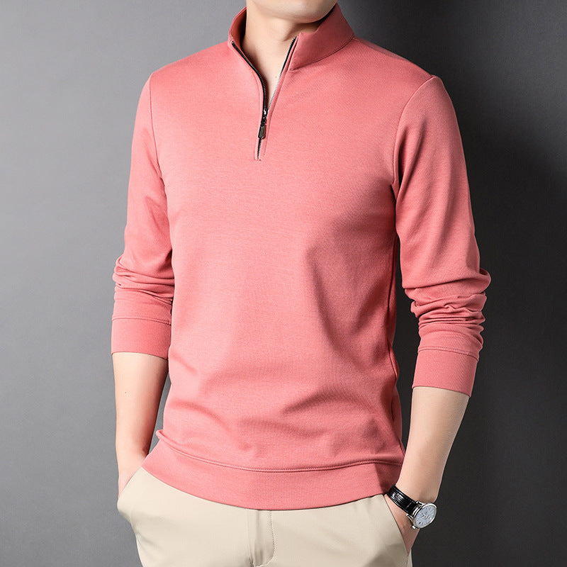 Men's plain long-sleeved quarter-zip sweater with a raised mock neck