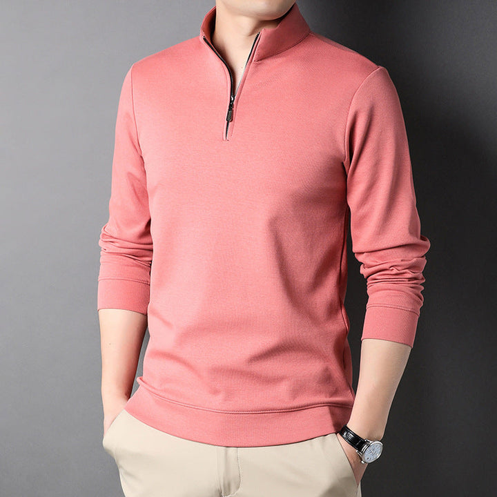 Men's plain long-sleeved quarter-zip sweater with a raised mock neck
