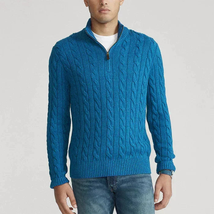 Men's cable knit jumper with mock neck and quarter zip