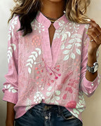 Women's botanical print blouse with mandarin collar and 3/4 sleeves