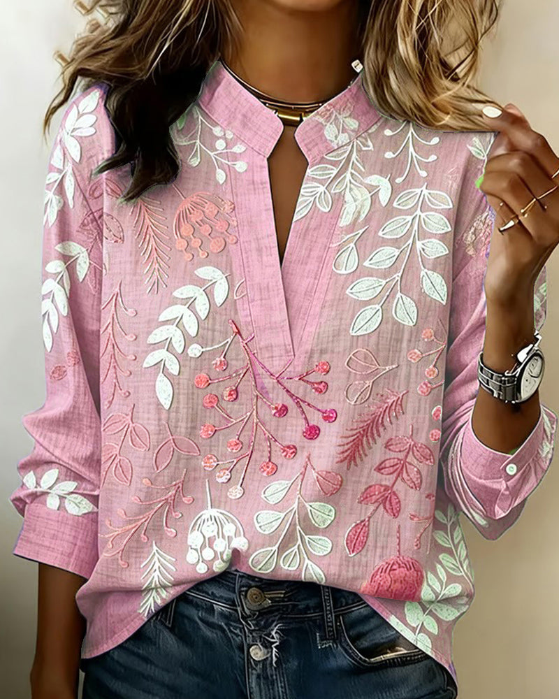 Women's botanical print blouse with mandarin collar and 3/4 sleeves