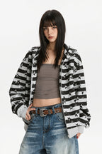 Women's striped star print zip hoodie with hood and ribbed trims