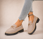 Women's beige mesh loafers with gold horsebit detail and chunky black lug soles