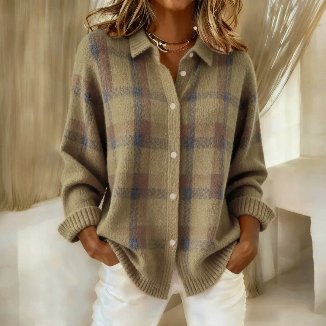 Women's checked button-front sweater with collar and ribbed trims
