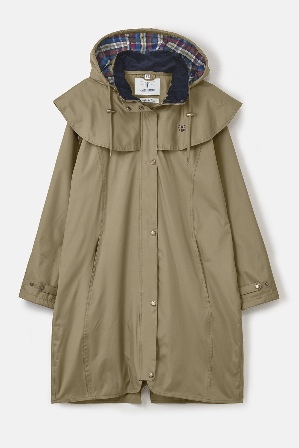 Women's hooded long raincoat with cape overlay and button front