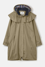 Women's hooded long raincoat with cape overlay and button front