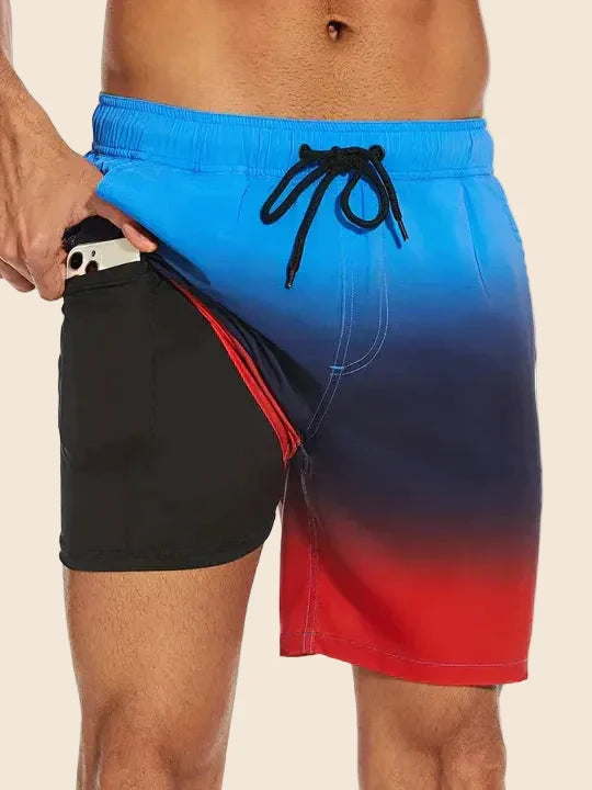 Men's slim fit swim shorts with printed pattern and interior lining, drawstring waist
