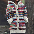 Women's hooded Fair Isle knit cardigan with buttons, pockets and long sleeves