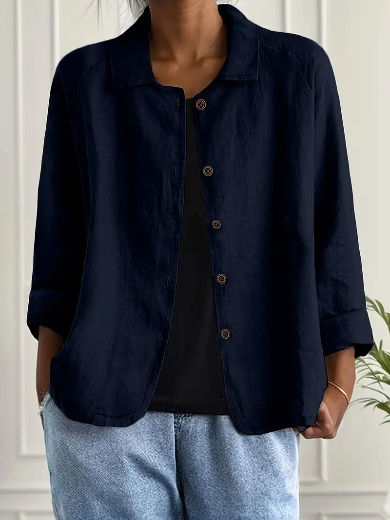 Women's collared shirt-style cardigan with button front and long sleeves