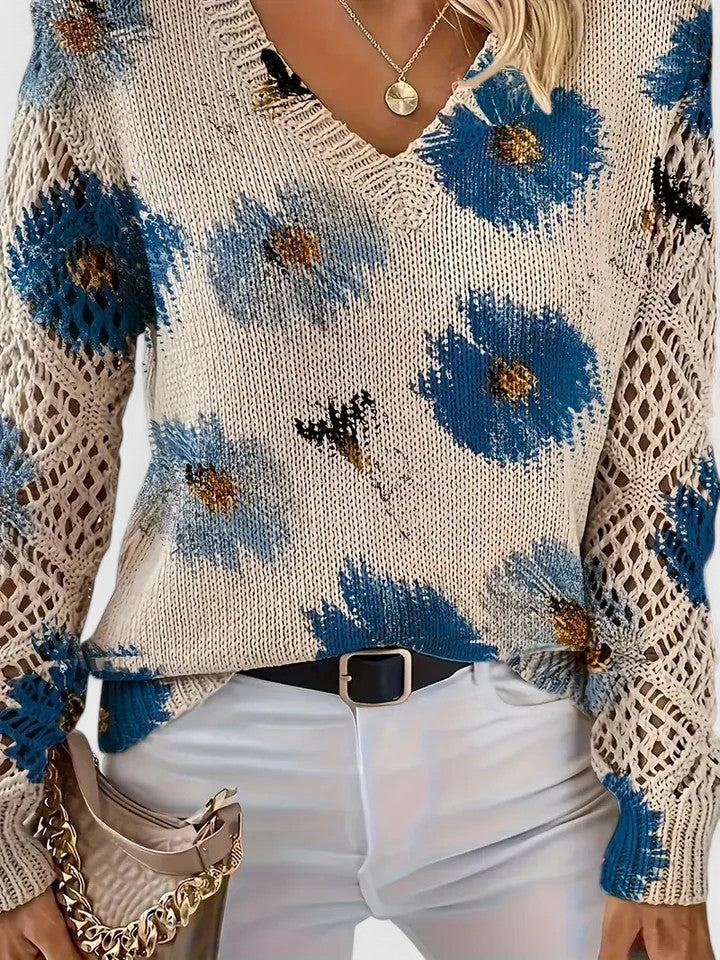 Women's floral V-neck sweater with long sleeves and open-knit sleeve panels