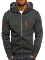 Men's hooded full-zip jacket with multiple zipped pockets and ribbed trims