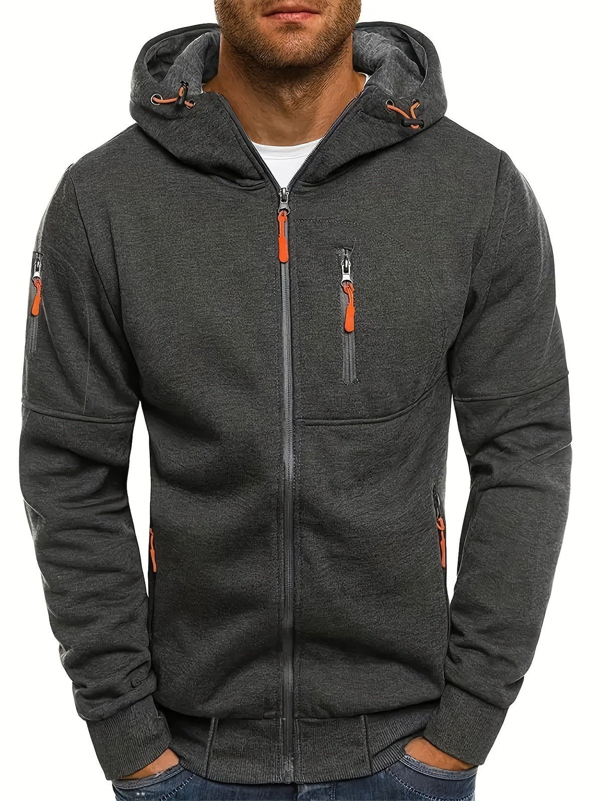 Men's hooded full-zip jacket with multiple zipped pockets and ribbed trims