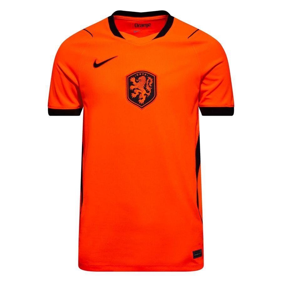 Orange men's Netherlands home football shirt with black trim and crest